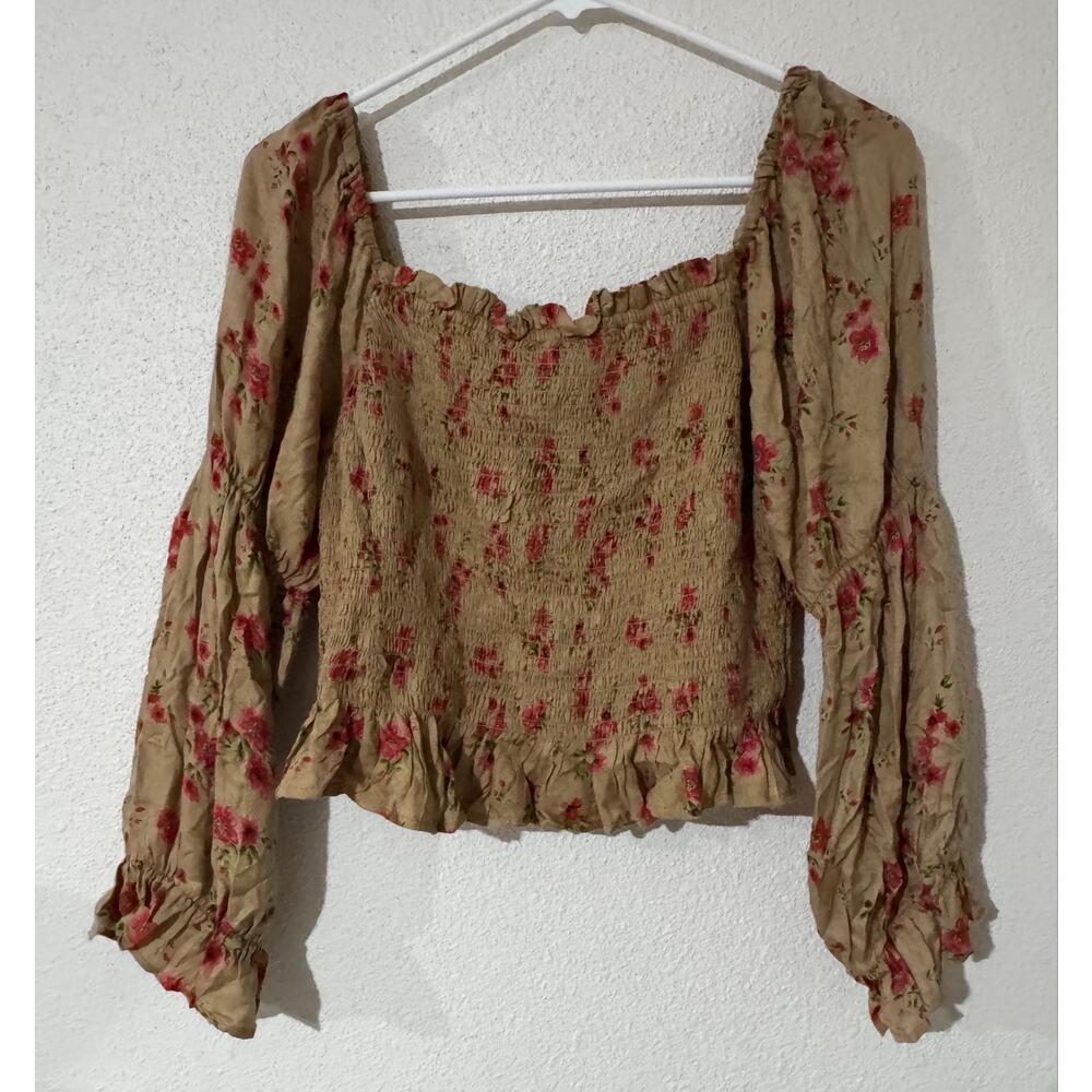 Angie Boho Floral Smocked Crop Top Cottagecore Balloon Sleeve Large - Picture 2 of 5
